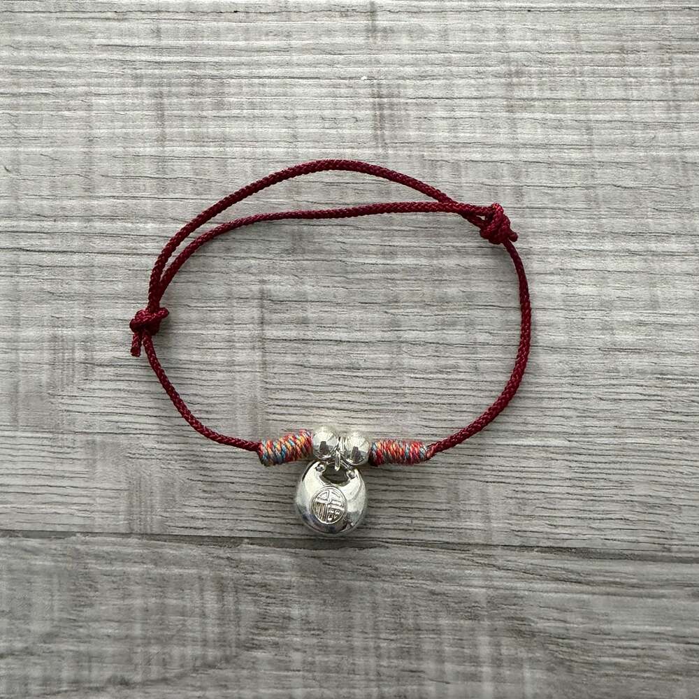 Handmade Fu Character Silver Lock Charm Red String Bracelet
